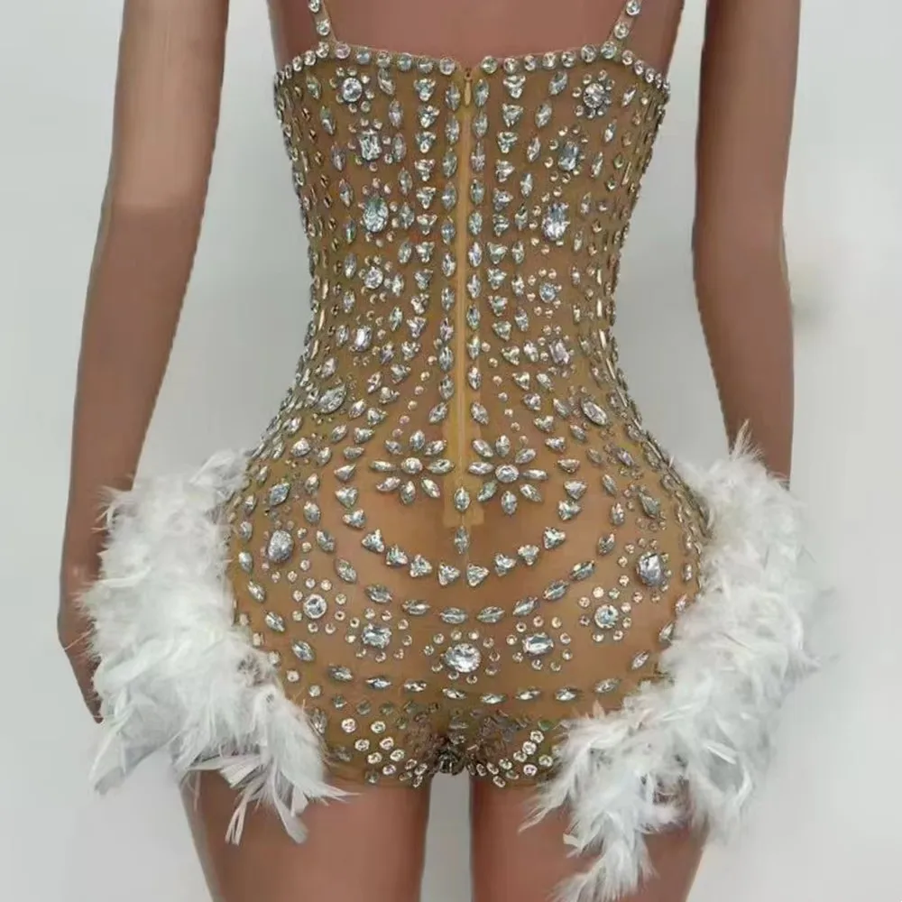 ชุดบอดี้สูทผู้หญิงสุดเซ็กซี่หรูหรา ประดับเพชร ตัดเย็บด้วยขนนก ชุดรัดรูปประดับคริสตัล สำหรับงานปาร์ตี้ไนต์คลับ การแสดงบนเวที ชุดคอสตูมแดร็กควีน