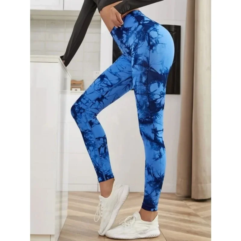 Legginsy damskie z wysokim stanem, bezszwowe, tie-dye, do fitnessu, sportu, biegania, jogi, modelujące pośladki, elastyczne, dzianinowe rajstopy.