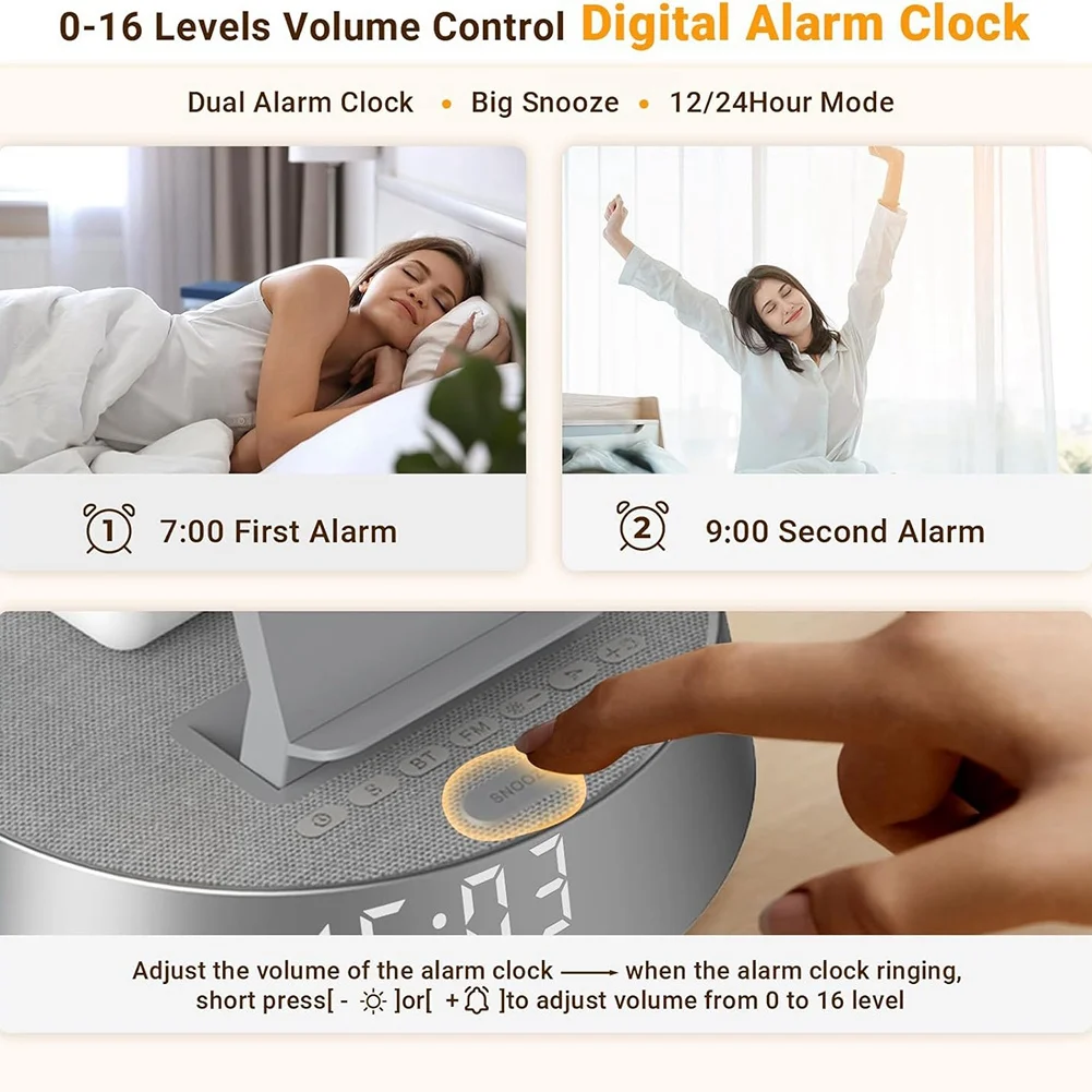 High Performance 6 in 1 Alarm Clock Charging Station for Bedrooms, Wireless Charging Station with Dimmable Night Light Bluetooth