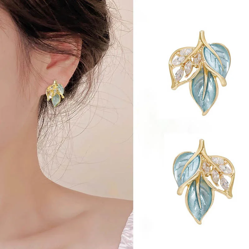 Simple Oil Dripping Rhinestones Leaf Stud Earrings For Women Fashion Personalized Daily Accessory Party Jewelry Birthday Gifts