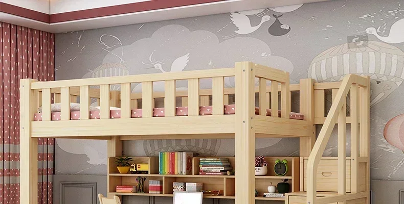 Letto rialzato in legno massello pieno, letto e tavolo, letti superiori e inferiori per bambini, combinati con una scrivania, dormitorio per adulti