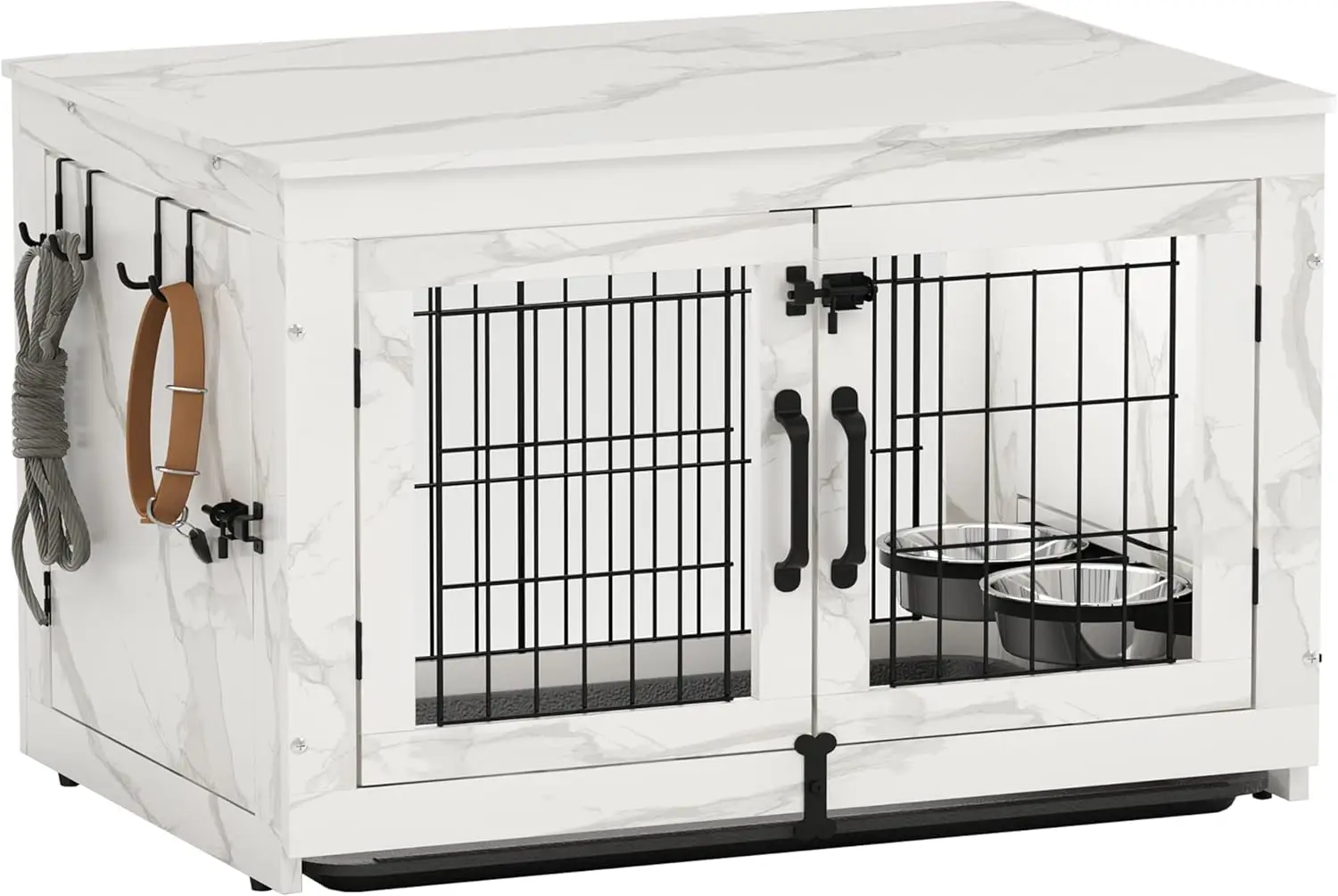 

Wooden Dog Crate Furniture with Rotatable Bowls, Double Doors & Tray - Marble White (M:31.8"L*22.1"W*24.1"H)