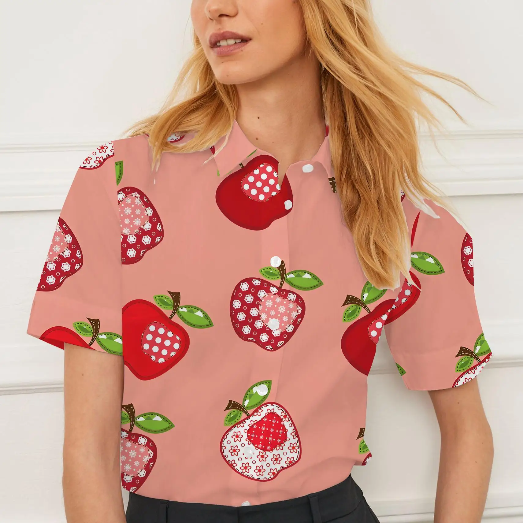 قميص نسائي صيفي كاجوال بأكمام قصيرة وطباعة فاكهة على الموضة للسيدات كاجوال
