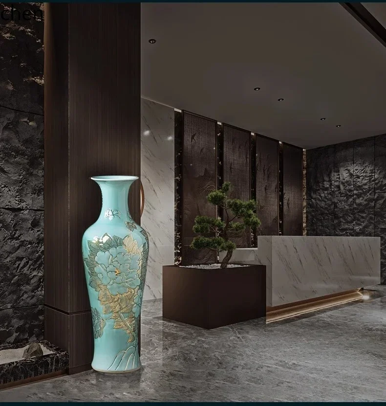 DSAliving room ceramic ornament celadon glaze carving peony gold vase floor