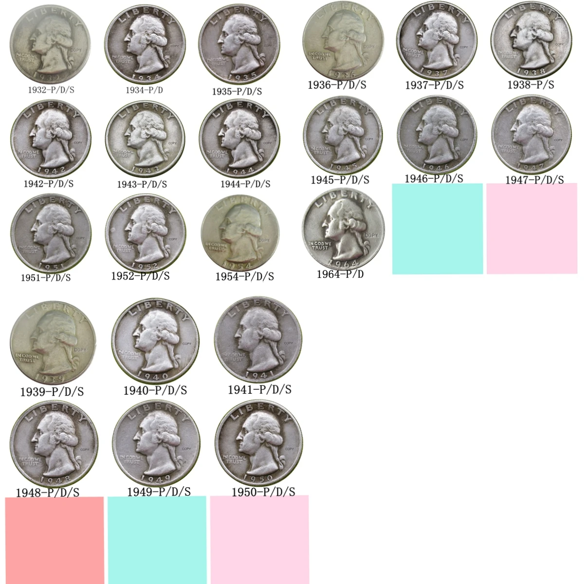 الولايات المتحدة 1932-1964 مزيج المساعد الشخصي الرقمي 63 قطعة عملة نسخة ربع واشنطن مطلية بالفضة #1