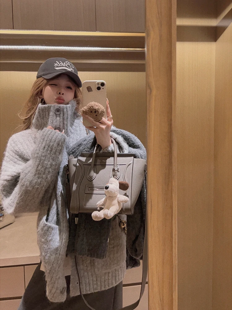 

Yukiss Thiened Version Button-Up High Collar Sweater Color-Dyed Outerwear Sle Women's Knitwear Winter Season Long Sve