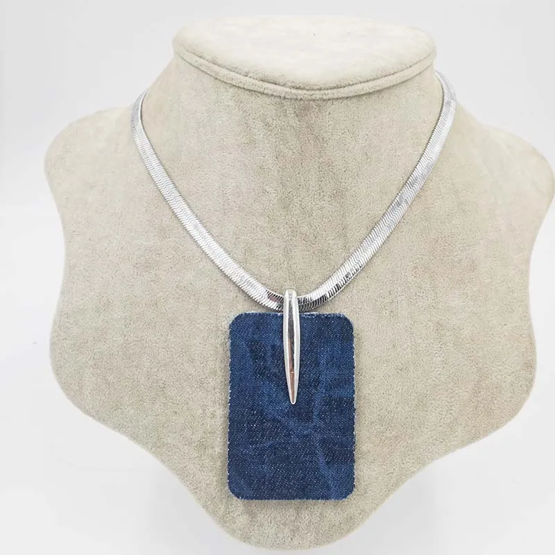 New Ombre Denim Geometric Square Pendant Necklace with Brass Flat Snake Chain Women Jewelry