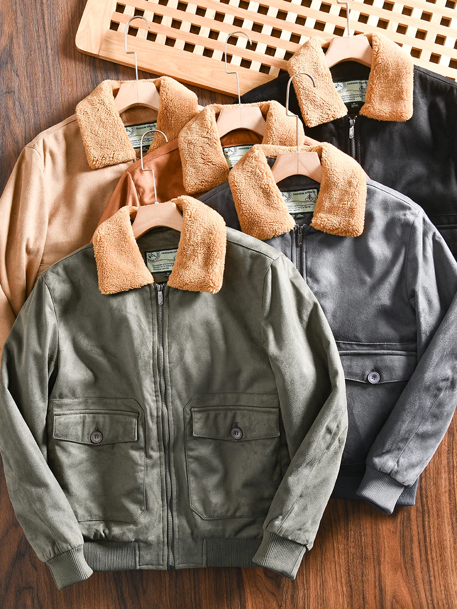 

American Retro Men's Winter Jacket Suede Fabric Lamb Fur Collar Workwear Cotton Warm Fashion Urban Style Long Sleeve Zipper