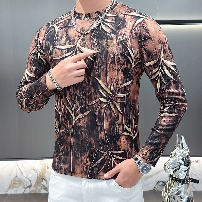 Mock Neck Trendy T Shirt For Men Long Sleeve Digital Print Silky Autumn New Quality Polyester Blends Elastic Camisetas De Hombre
