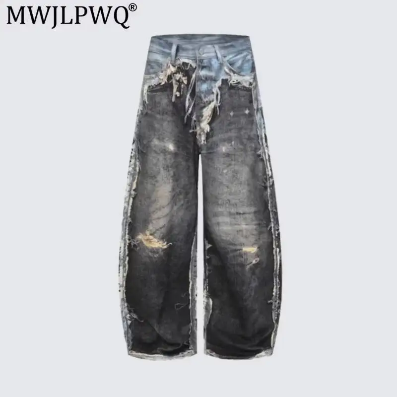 MWJLPWQ Street Style Distressed Jeans Heavy Wash Handcrafted Damage Raw Edges Unisex Vintage Loose-Fitting Long Pants 20001