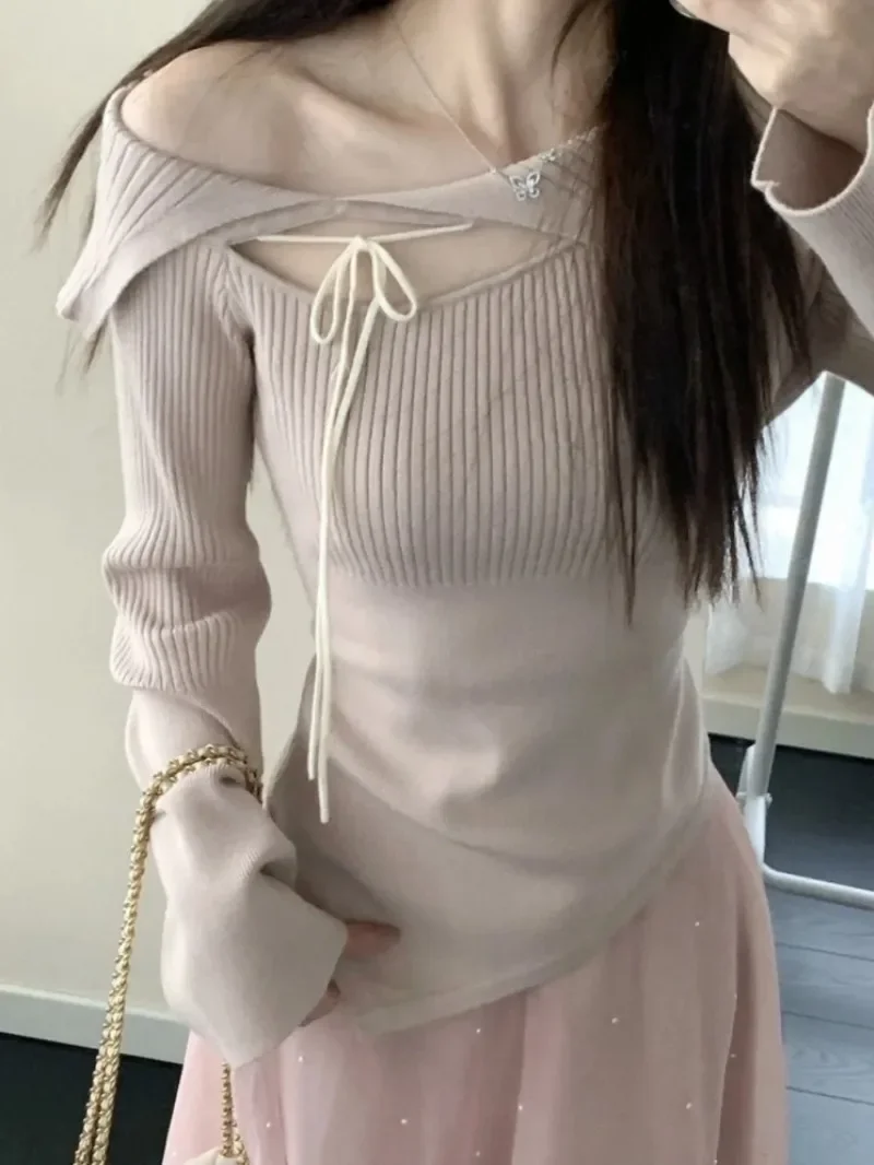 Bandage Hollow Out Sexy Off Shoulder Cuffs Knit Pullovers Solid Slim Fit Elegant Long Sleeve Sweaters Japan Sweet Jumpers