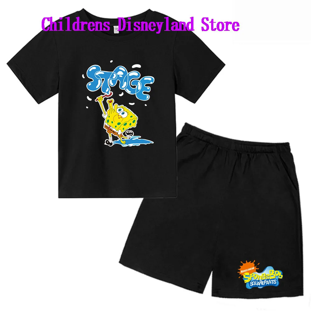 Spongebob Squarepants Spring And Autumn Children's Wear Boys And Girls T-shirt Set 2-piece Anime t shirt Sportswear Shorts boys