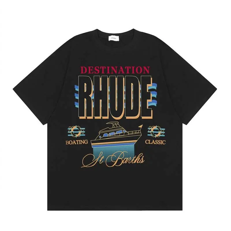 Rhude New Trendy Yacht Letter Print Loose Short Sleeve T-Shirt, Unisex Casual Top for Men Women