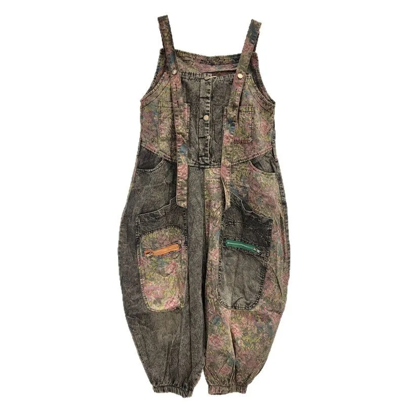 WTHTวินเทจแฟชั่นผู้หญิงSplicedพิมพ์DENIM Jumpsuitsใหม่เอวสูงแขนกุดหญิง 2025 ฤดูร้อน 1LS1472