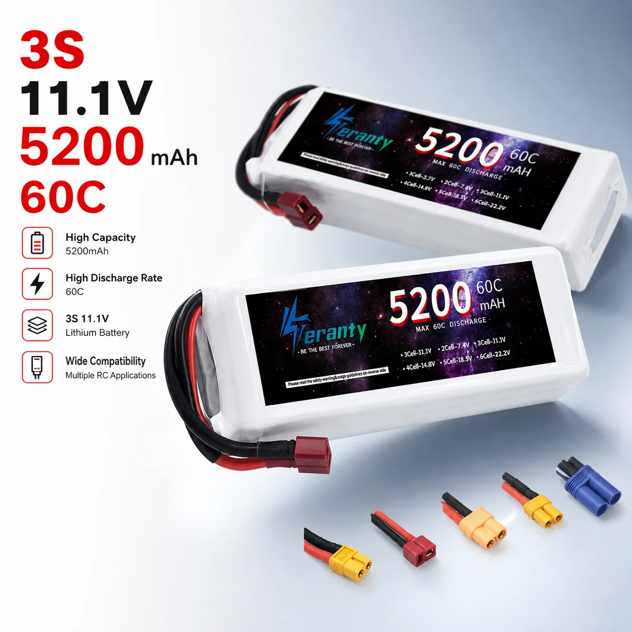 Rechargeable 3S LiPo Battery 11.1V 5200mAh 60C with XT60 Deans T XT90 EC5 for RC Car Drone Quadcopter Airplane