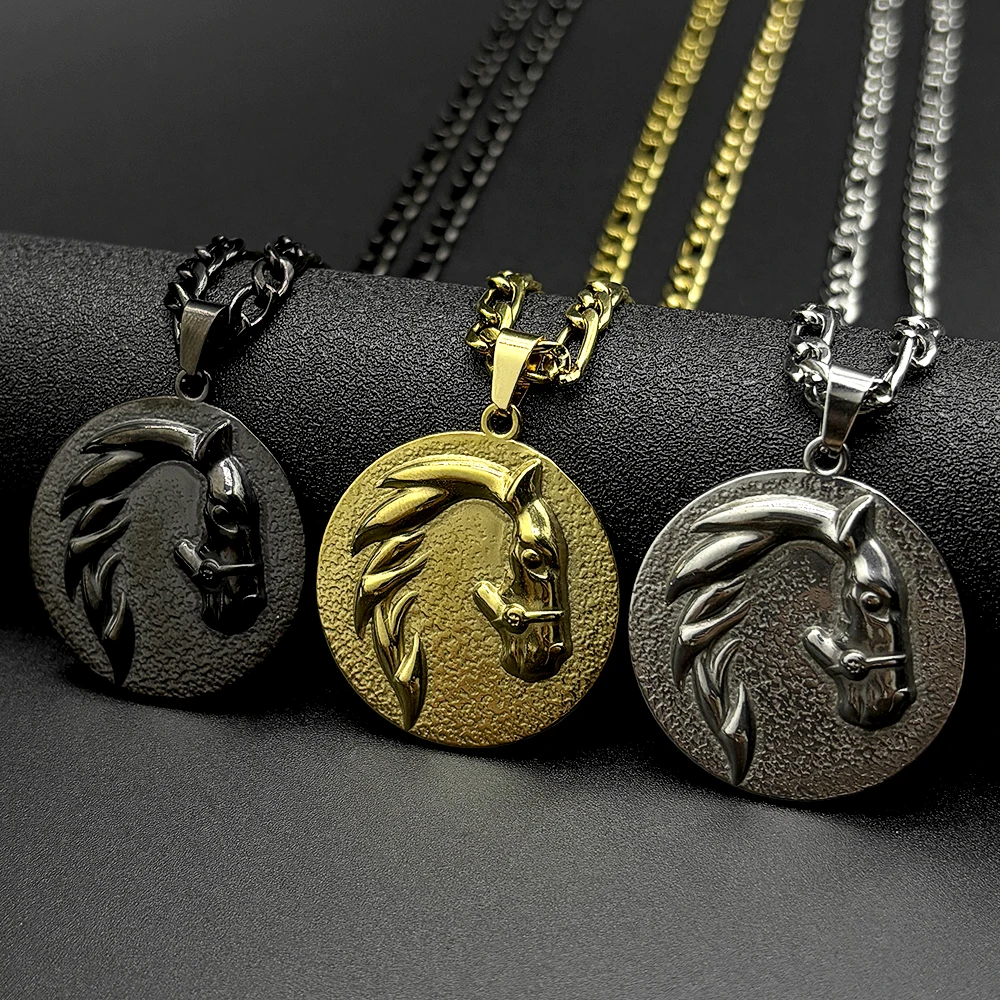 Collar con Colgante de Medalla Redonda con Silueta de Cabeza de Caballo para Mujeres y Hombres, Acero Inoxidable, Color Dorado, Cadena con Diseño de Animal, Joyería