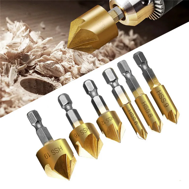 3/6pcs Countersink Drill Bit Set 1/4'' Hex Shank HSS 5 Flute Countersink 90 Degree Wood Chamfering Cutter Chamfer 6mm-19mm