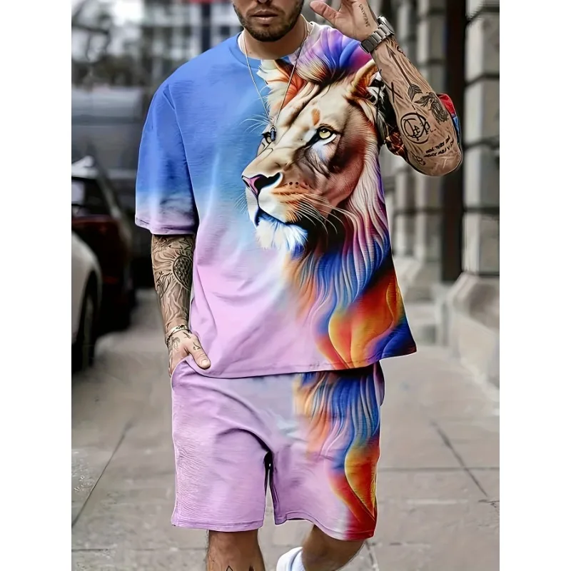 

Fashion Comfortable Lion Graphic Print Short Sleeve Top Shorts Set Oversized Loose Men's Summer T-shirt and Shorts 2-piece Set