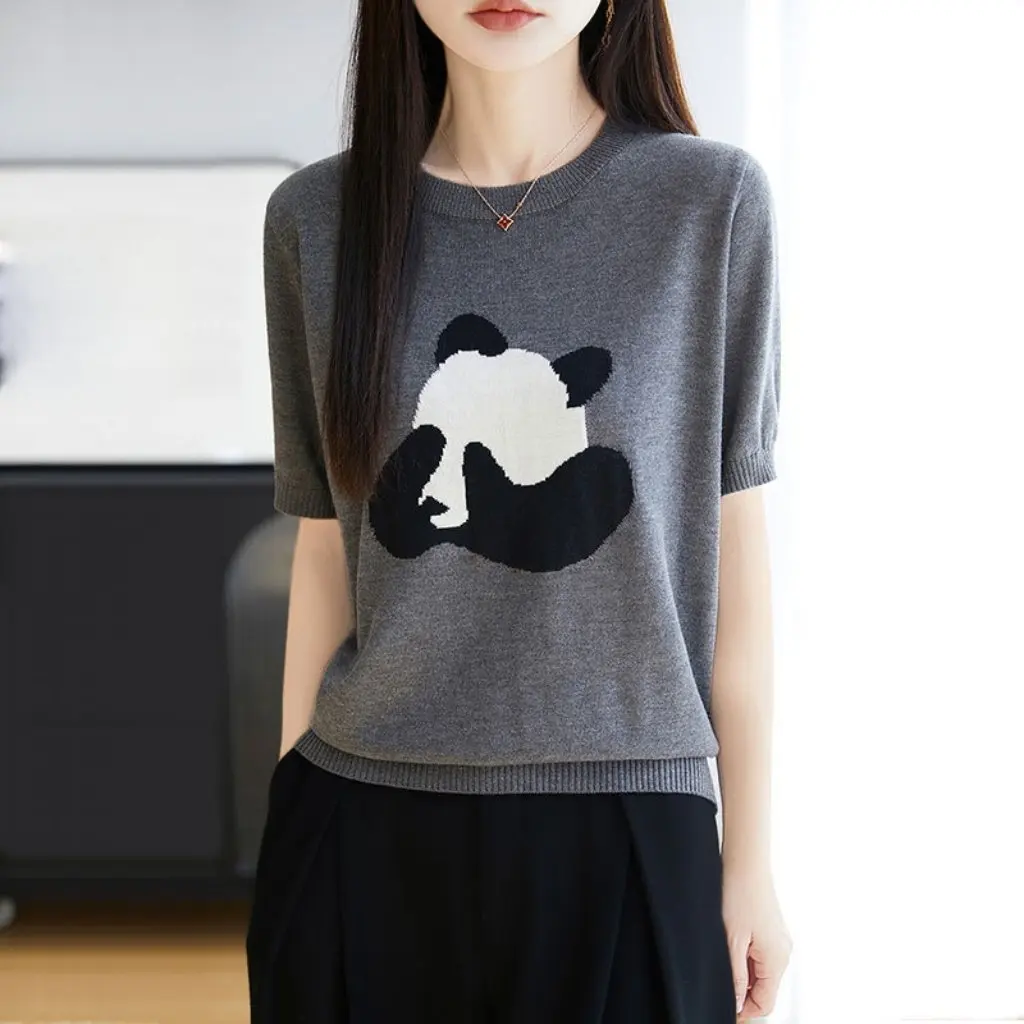 

Women's round Neck T-shirt Short-Sleeved Embroidered Loose Summer Thin Knitted Fashion Top Trendy Factory Direct Supply