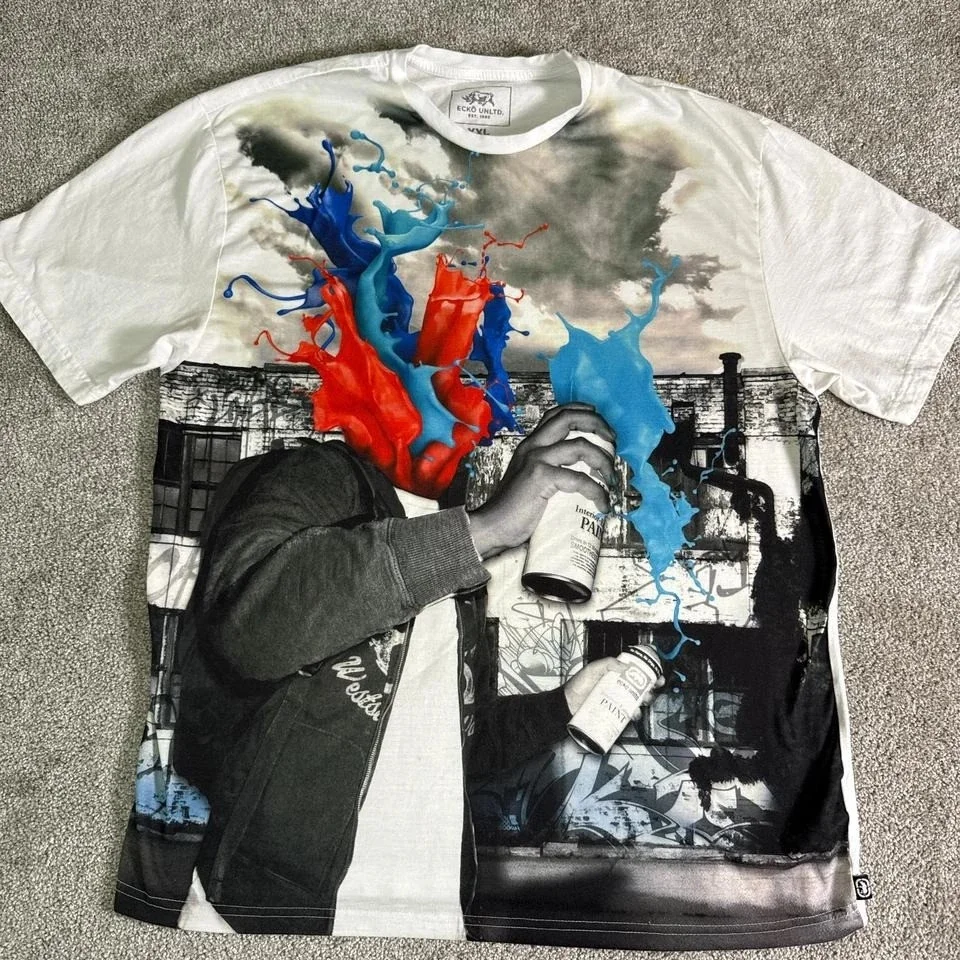 

Red Blue Splash-ink Ecko Art Mens T-Shirt Gothic Graffiti Trend Short Sleeved American Retro Hip-Hop Punk Street Wear