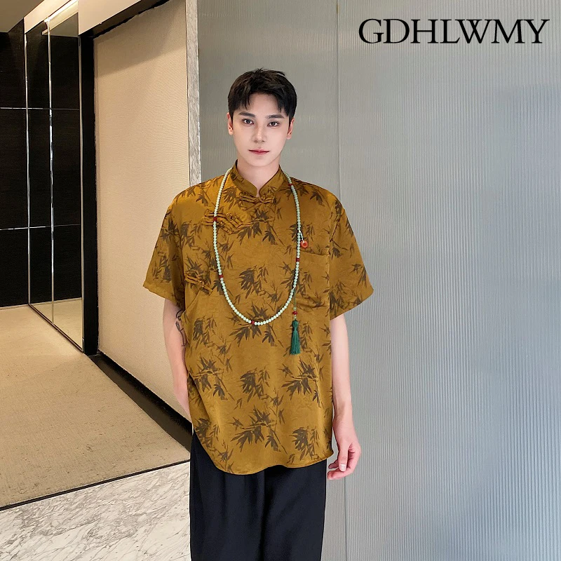 

GDHLWMY Summer Chinese satin ink bamboo print button up collar short sleeved shirt for men and women