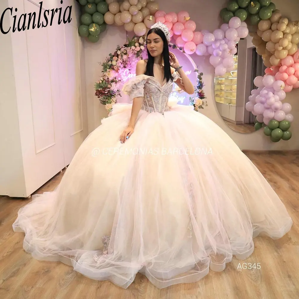 

Бальное платье принцессы с кристаллами, бисером, бантом, платья для девушек, с открытыми плечами, с блестками, корсет с аппликацией, милые платья 15 лет