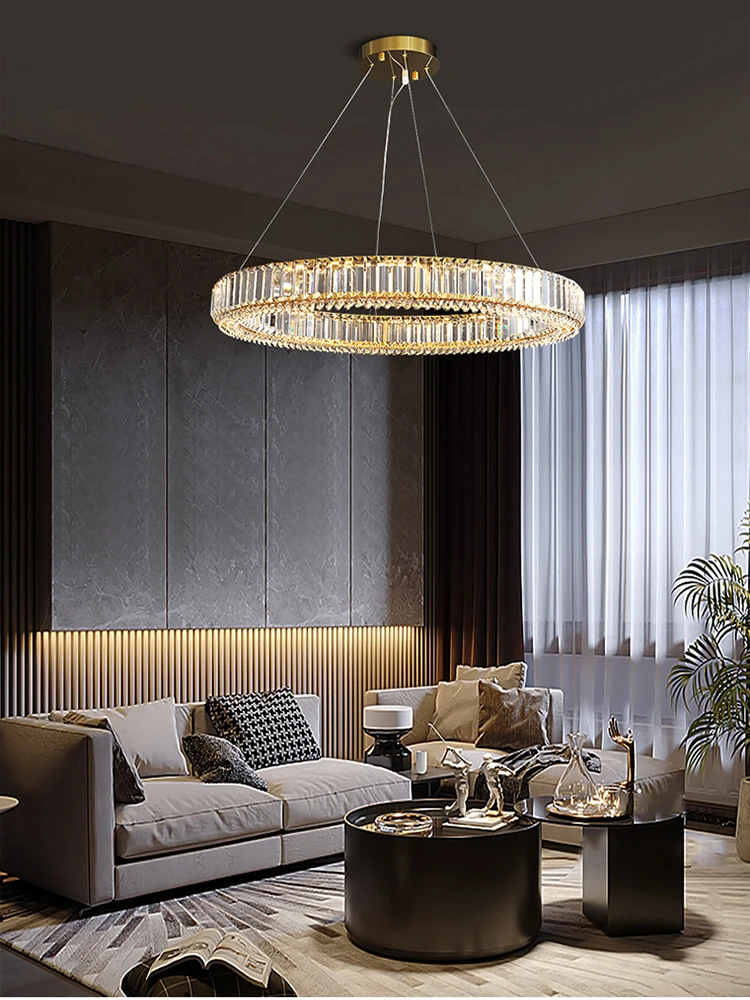 Lampes suspendues rondes en cristal au design minimaliste, éclairage LED pour salon, lampes suspendues rondes en acier inoxydable doré 2026