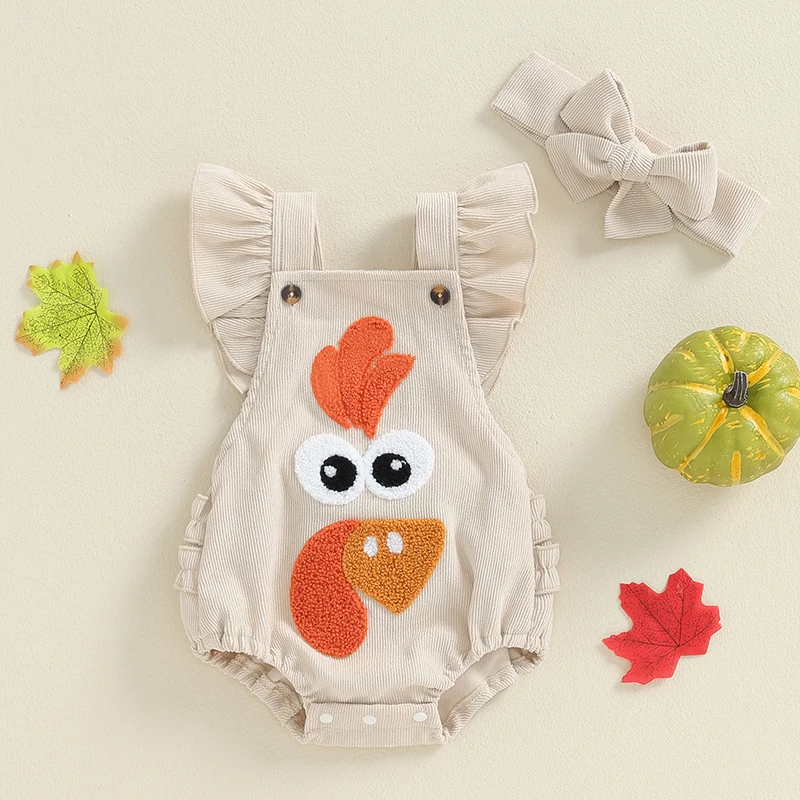 

Baby Girls Casual Romper Infant Flying Sleeve Turkey Embroidery Thanksgiving Clothes Infant Newborn Costume Baby Clothes