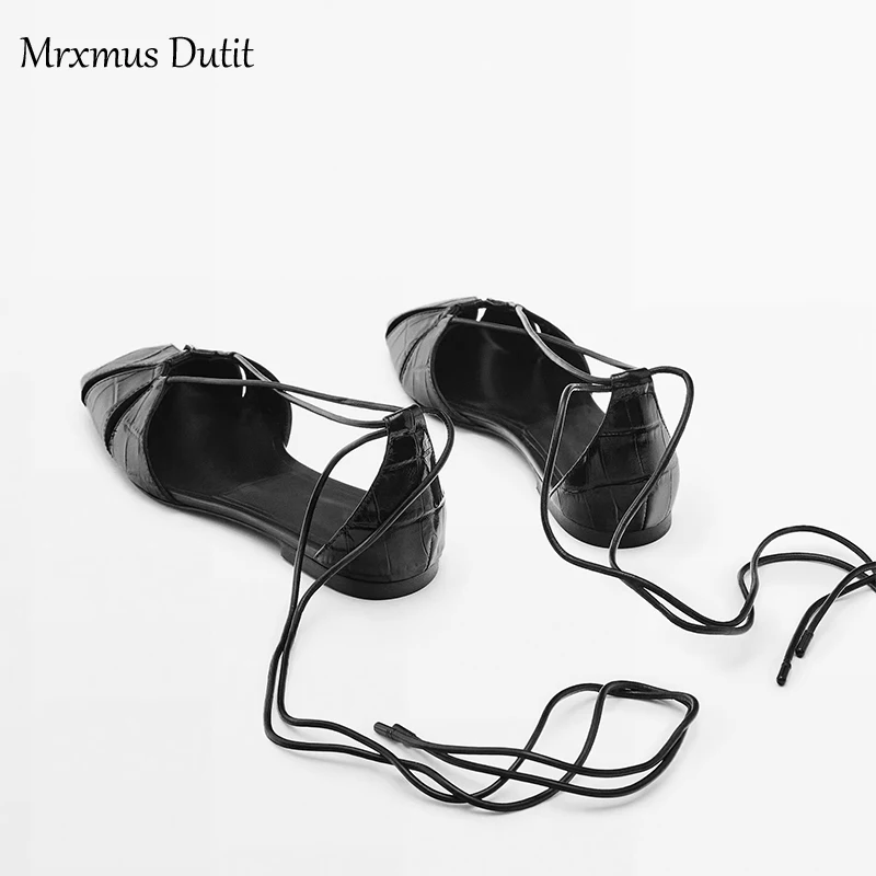 Mrxmus Dutit Fashion Sandals 2023 Summer New Black Hollow Design Strap Leather Flat Sandals