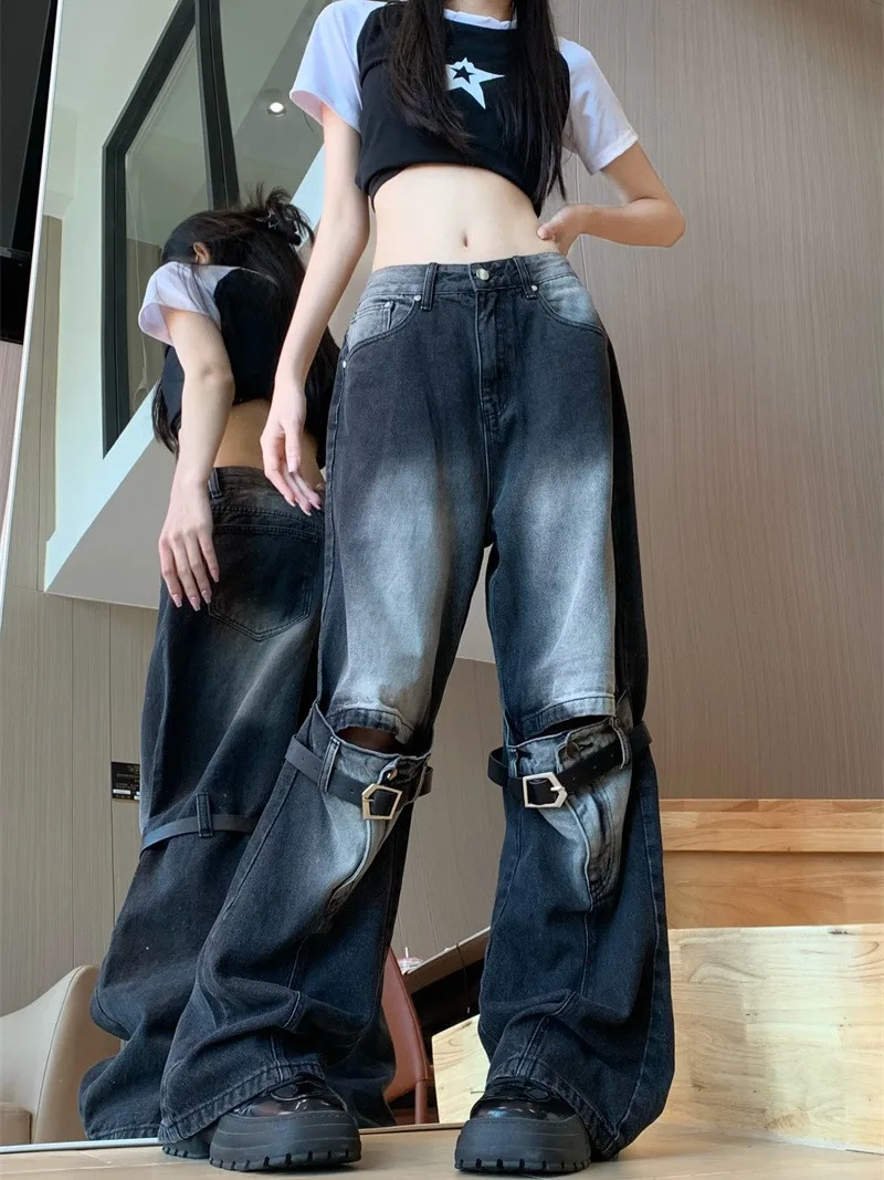 Belt Buckle Hollow Out Three-dimensional Patchwork Y2k Jeans Ameican Retro Wide Leg Pants Aesthetic Grunge Trousers E-girls