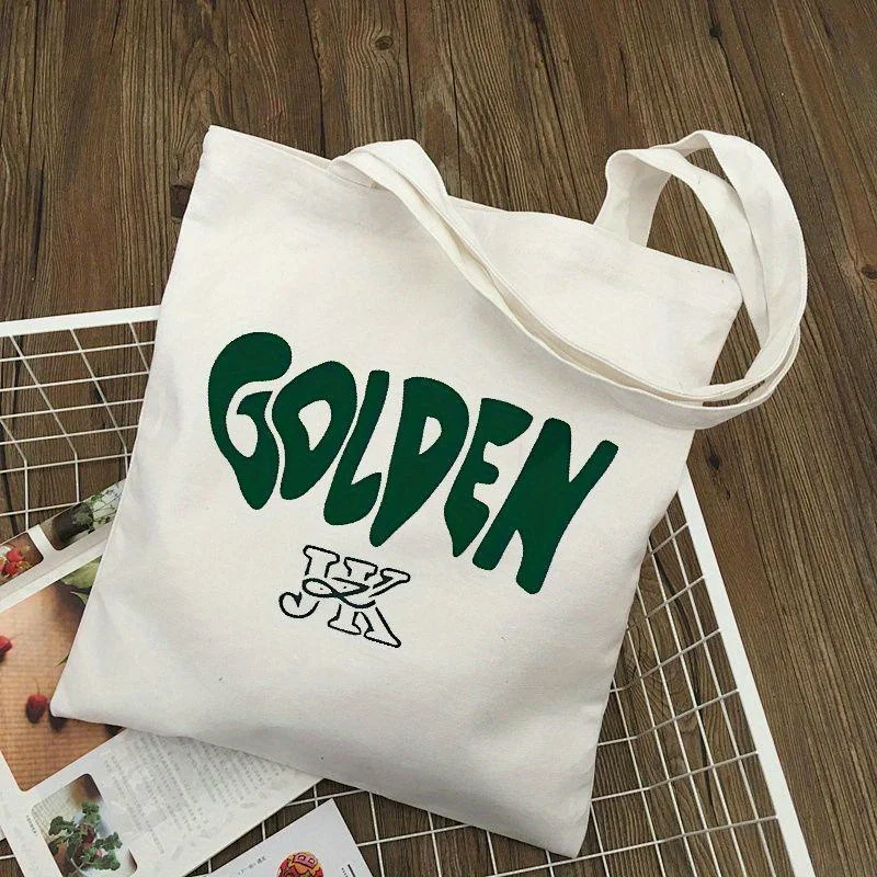 1pc of 2D Flat Printed Golden JK Canvas Tote Bag Featuring a Chic Green And White Design, Perfect for Shopping, Travel, And Picn