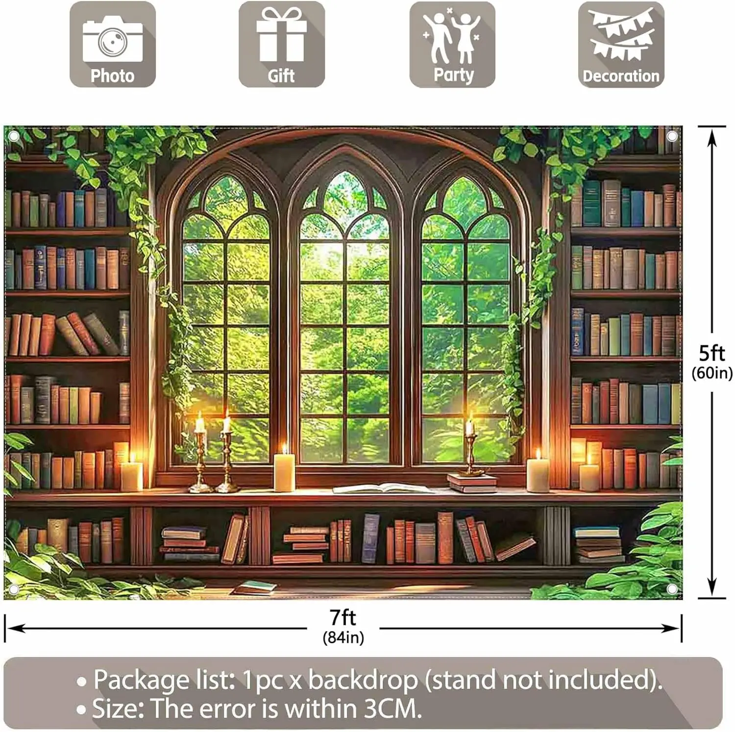 Enchanted Library Window Wall Tapestry Gothic Bookshelf Garden View Reading Room Decor Boho Home Decoration Dreamy Study Scene view 3