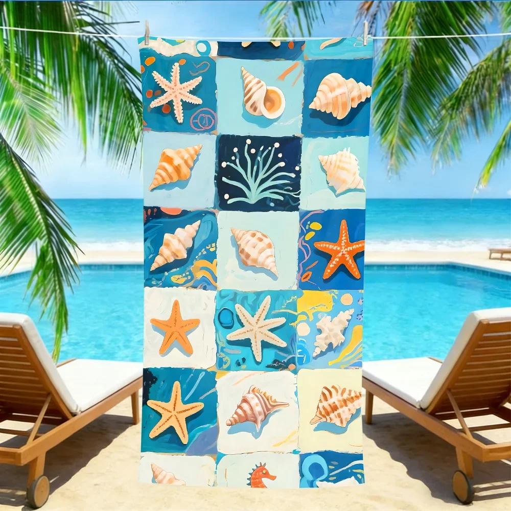 Oil Painting Seashell Beach Towel – Oversized Quick Dry Sand Free with Starfish Print