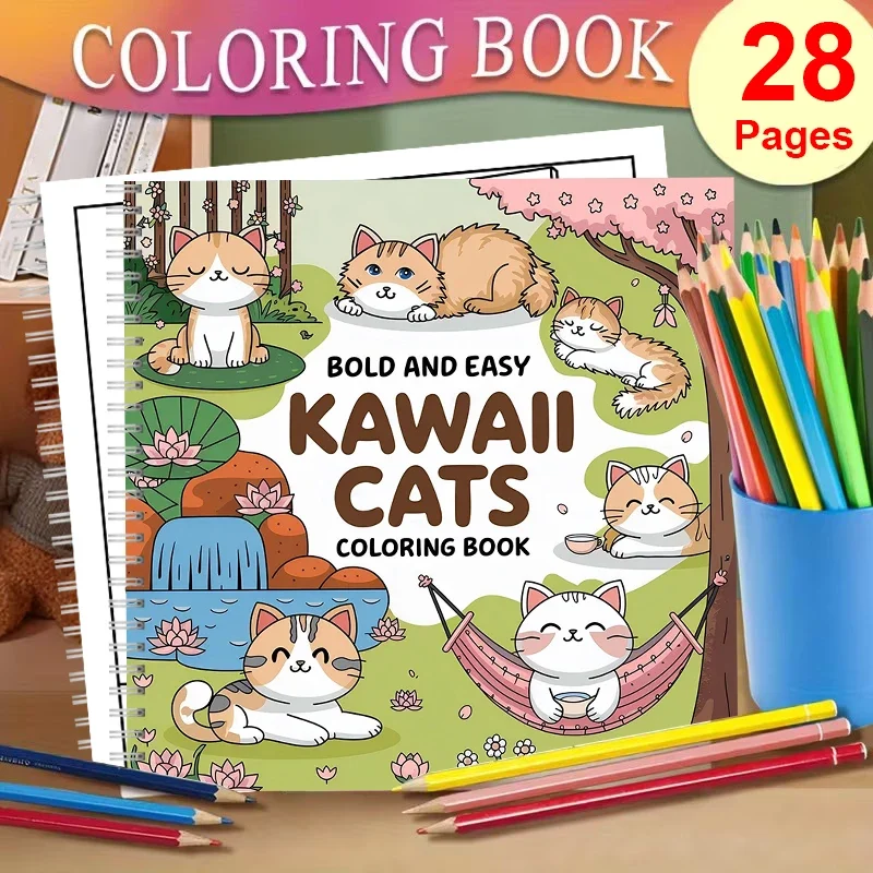 

Книга-раскраска Easy Kawaii Cats для взрослых, подарок на день рождения, принадлежности для школы, милая книга для рисования для взрослых