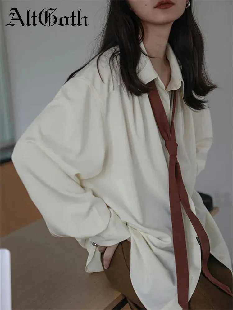 

AltGoth Свободная одежда Топы с длинными рукавами Блузки Женская мода Офис Леди High Street Однотонные пуговицы Дизайн бойфренда Белые рубашки