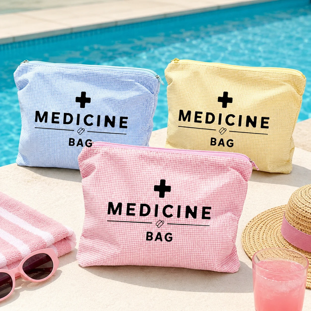 Pink Houndstooth Medicine Bag, Large Zipper First Aid Pouch for Women, Travel Medication Organizer for Home and Vacation