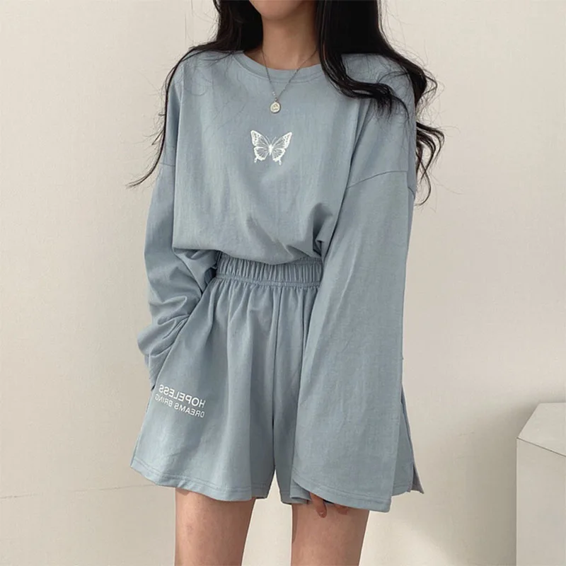 Summer Women Two Pieces Sets Long Sleeve T-Shirt+Shorts Butterfly Print Tracksuit Korean Fashion Ladies Casual Loose Outfits