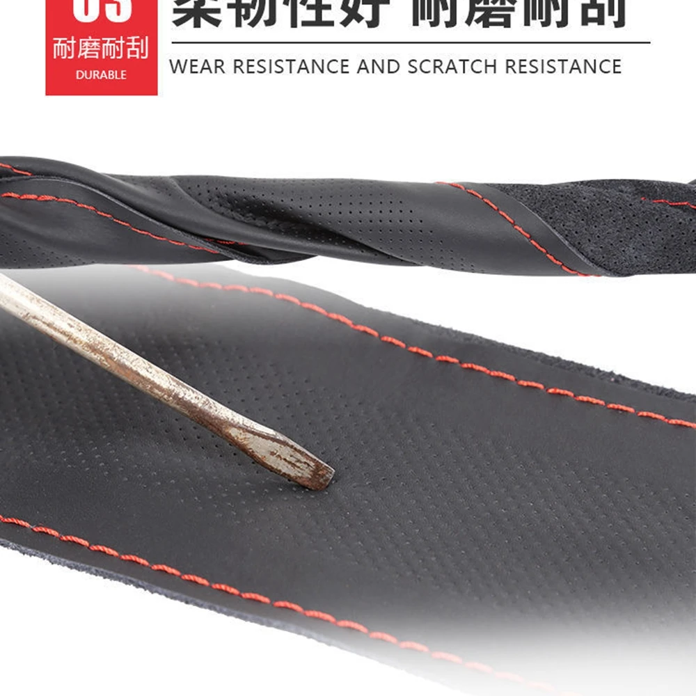 New 38cm 15inch Punched Holes Leather Car Steering Wheel Braid Cover Hand-stitched Soft Non-slip Auto Interior Car Products