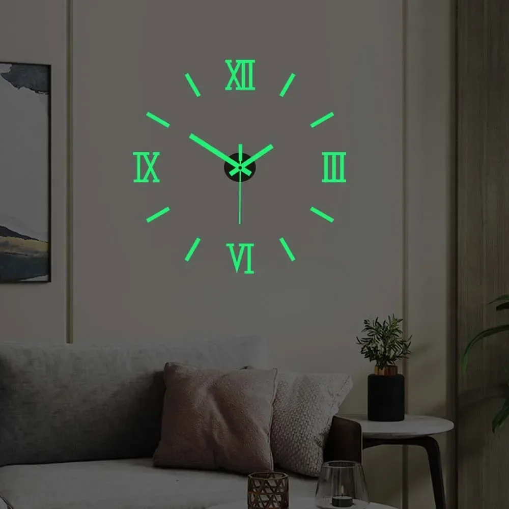 3D DIY Frameless Wall Decorative Sticker Clock Luminous 40cm/16inch Silent Non Ticking Movement For Home