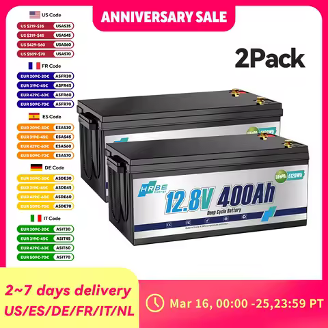 HRBEEnergy 12V 400Ah LiFePO4 Lithium Battery,200A BMS Rechargeable Battery for Off-Grid,RV,Solar,Motorhome,Backup Power 2pack