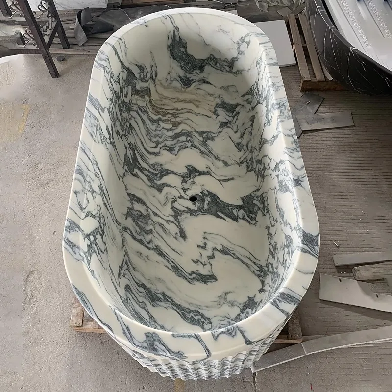 Wholesale Luxury Fluted Calacatta Arabescato Viola Marble Freestanding Bathtub For Villa Apartment Outdoor Spaces