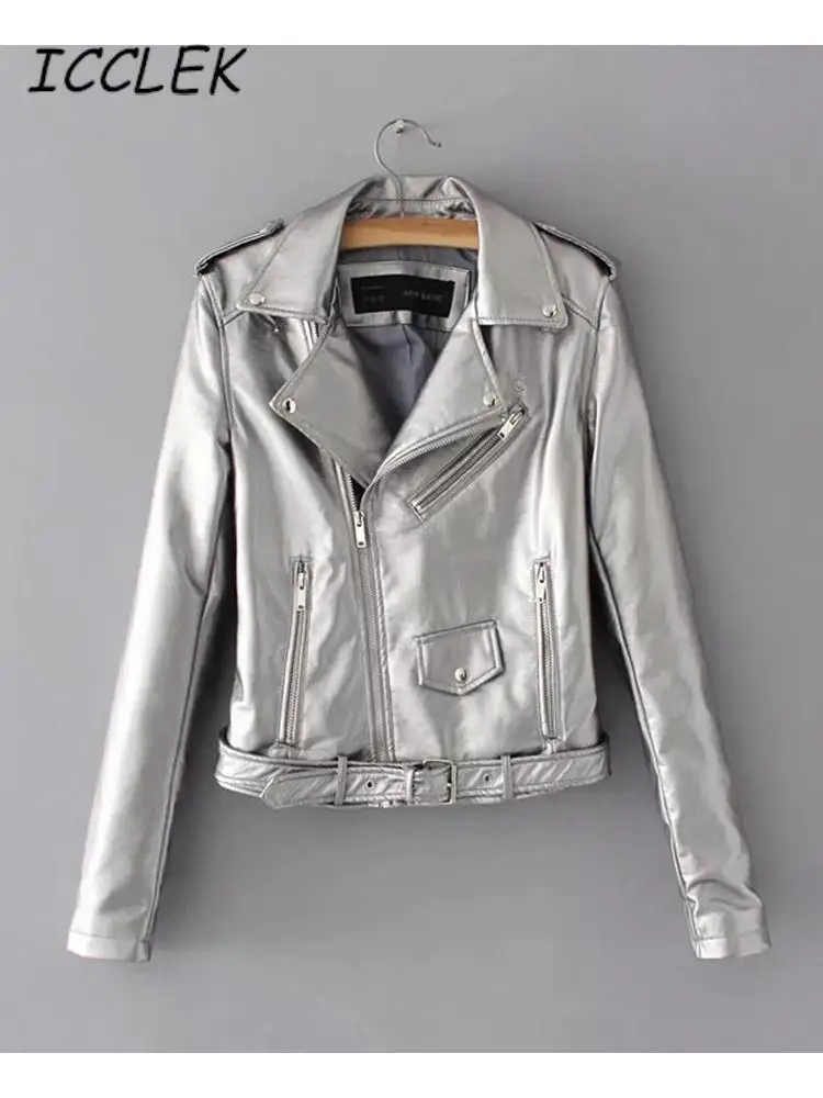 Traf Silver Leather Jacket Women 2023 Metallic Motorcycle Short Jackets Lapel Zipper Biker Coat Soft Ladies Punk Streetwear Coat