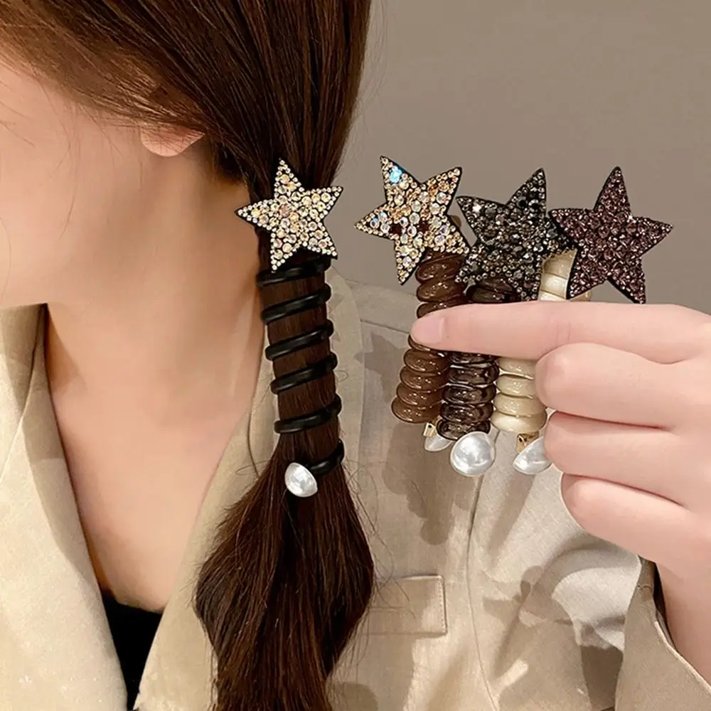 Pearl Telephone Line Hair Ring Sweet Elastic Rubber Hair Ties Rhinestone Star Hair Band Scrunchies Plastic Daily