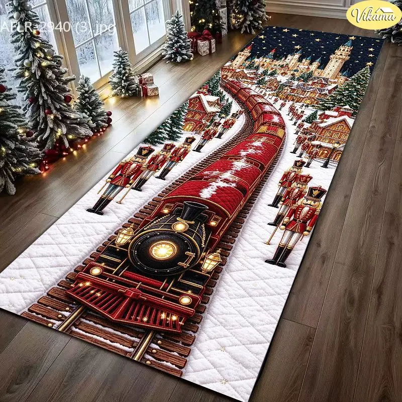 VIKAMA Nutcracker Train Village Velvet Hallway Runner Non Slip Floor Mat for Holiday Soft Cozy Aesthetic Decorative Home Decor