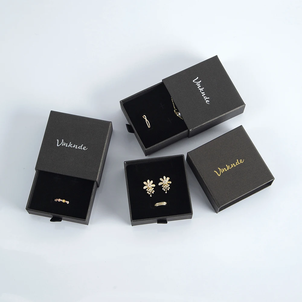 

100set DIY Custom Logo 7x7x2.5cm Coffee Paper Drawer Jewelry Box with 6.2x6.2cm Velvet Microfiber Gift Pouch For Ring Earring