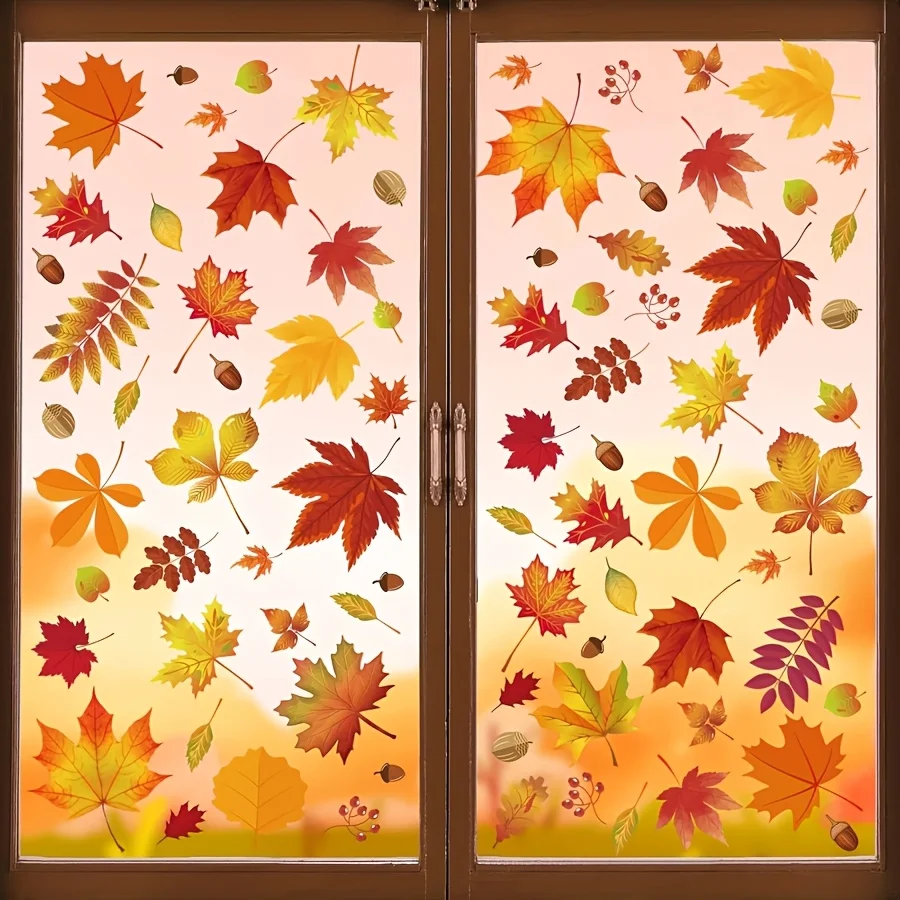 72pcs Autumn Harvest Festival Window Clings - Maple Leaves, Pine Cones, Autumn Leaves in Various Colors (Red, Yellow, Orange)