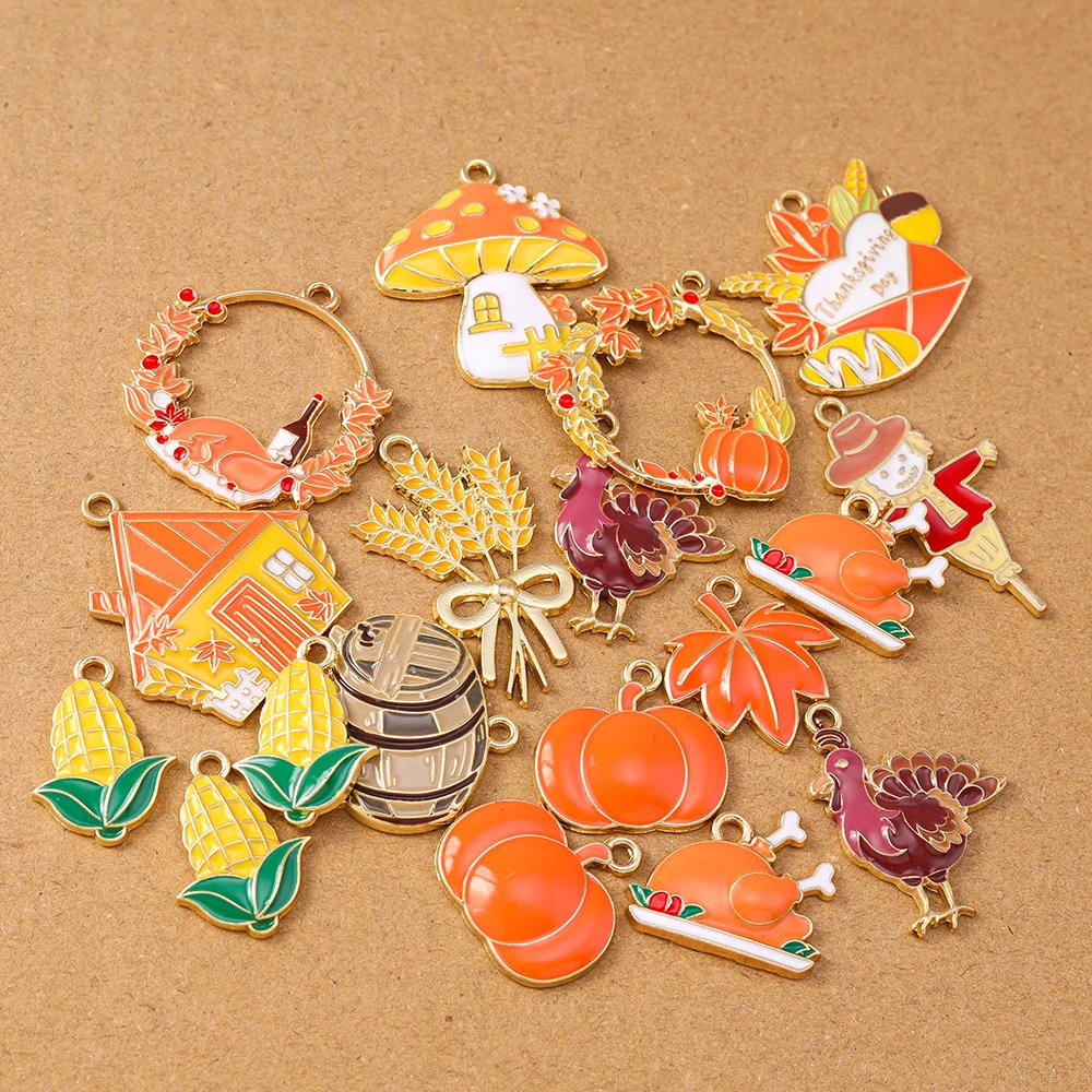 

10pcs Cute Thanks-giving Day Pendants Corn Scarecrow Wheat Maple Turkey Charms for Necklace Earrings DIY Jewelry Accessories
