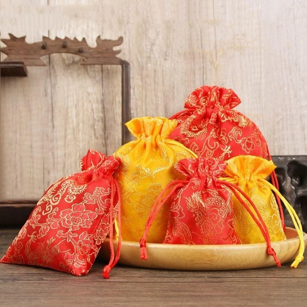 Bolsas de embalaje de joyería con estampado de dragón, bolsas de dulces ajustables de estilo chino, bolsas de embalaje de regalo de terciopelo con cordón, 1/2 piezas