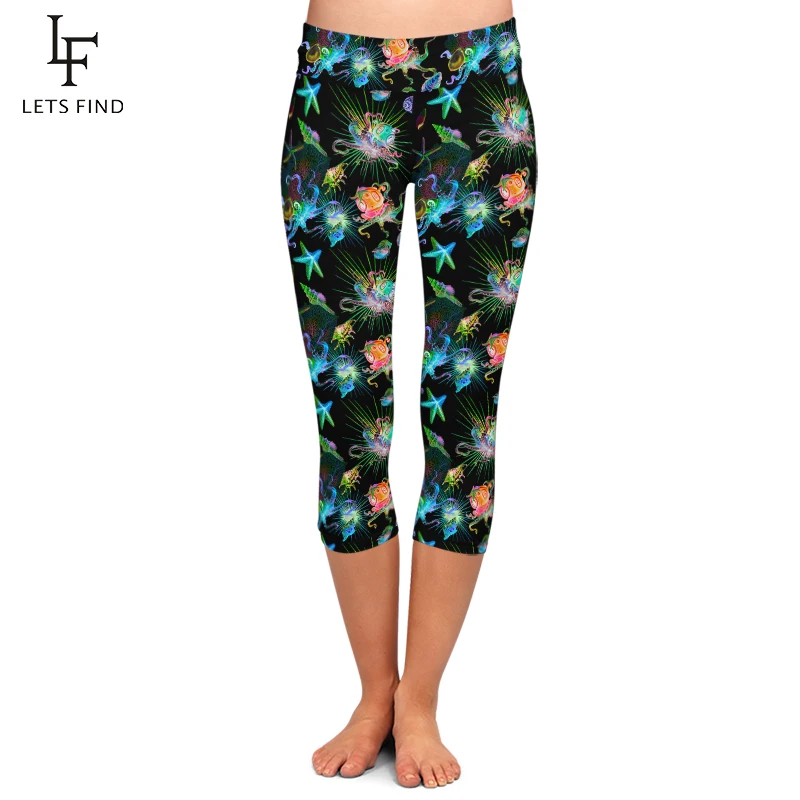 LETSFIND Summer High Waist Women Fitness Elastic Capri Legging 3D Marine Animals Print Girls Sexy Stretch Mid-Calf 3/4 Pants