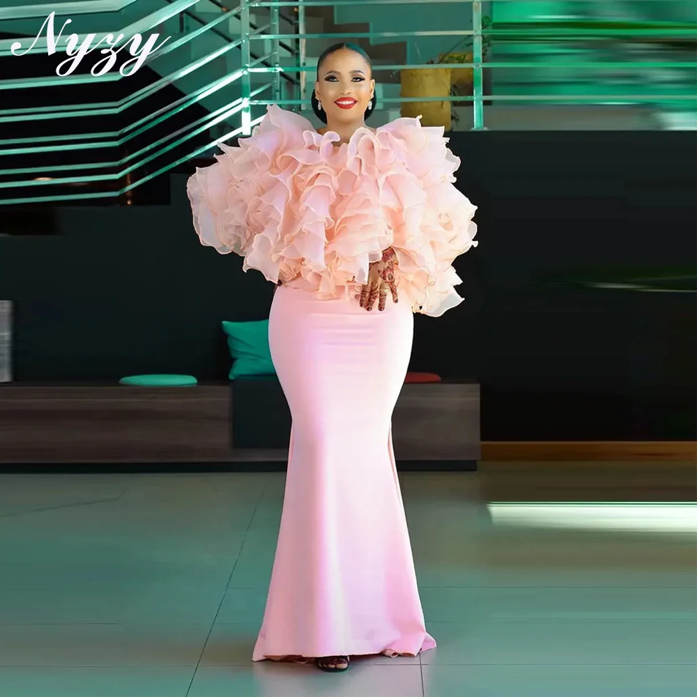 

NYZY E478 Satin Organza Ruffles Pink Mermaid Africa Evening Dresses 2025 Celebrity Party Gowns Customized
